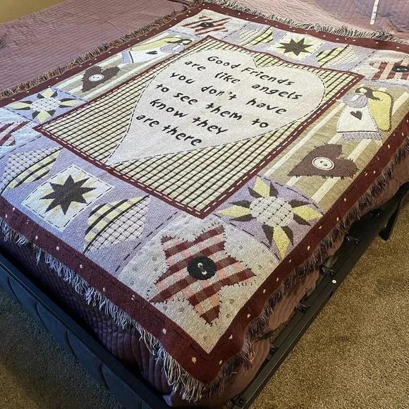 Vintage Tapestry Fringe Woven Throw Blanket Good Friends Cottagecore 46”x54” - Picture 1 of 8